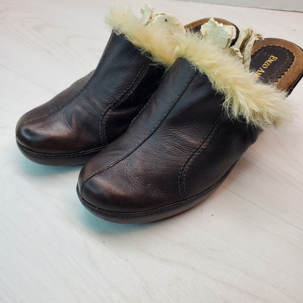 Enzo Angiolini Womens Dark Brown Leather Fur Trim Wedge Mules Clogs Shoes Size 8